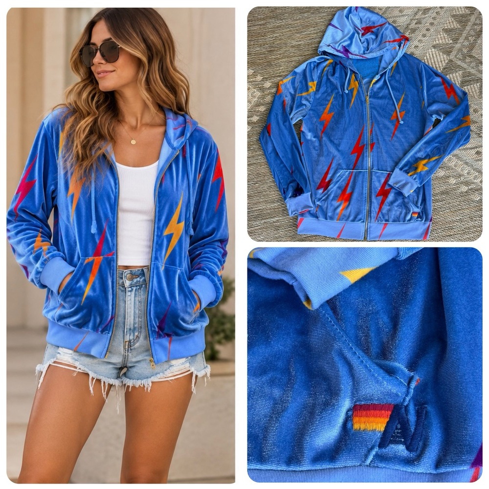 Aviator Nation Blue Velvet Repeat Lightning Bolt Full Zip Hoodie Womens XL